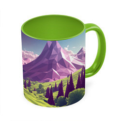 Кружка 3D Геометрический зеленый пейзаж и фиолетовые горы, цвет: 3D-белый + светло-зеленый