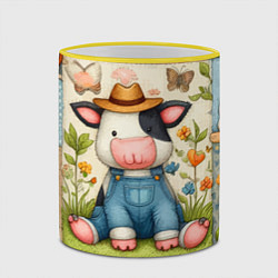 Кружка 3D Прикольный телёнок и его друзья - пэчворк, цвет: 3D-желтый кант — фото 2