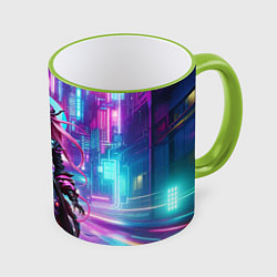 Кружка 3D Кибер ведьма в неоновом городе - нейросеть, цвет: 3D-светло-зеленый кант