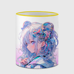 Кружка 3D Девушка в стиле аниме с длинными волосами в розово, цвет: 3D-желтый кант — фото 2