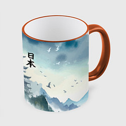 Кружка 3D Японская пагода в тумане - нейросеть, цвет: 3D-оранжевый кант