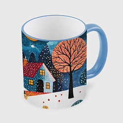 Кружка 3D Новогодняя ночь пейзаж, цвет: 3D-небесно-голубой кант