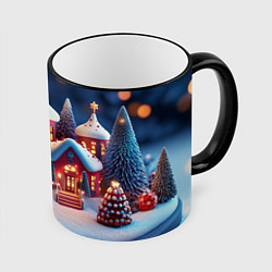Кружка 3D Объемный новогодний городок, цвет: 3D-черный кант