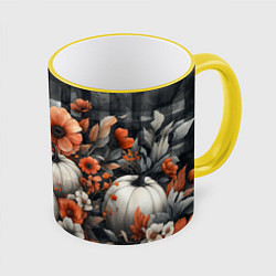 Кружка 3D Белые тыква с цветами, цвет: 3D-желтый кант