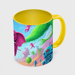 Кружка 3D Парящий в воздухе розовый слон - сюрреализм, цвет: 3D-белый + желтый