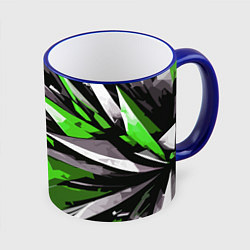 Кружка 3D Чёрно-зелёная-белая абстракция, цвет: 3D-синий кант