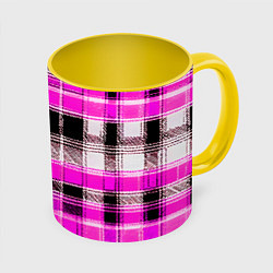 Кружка 3D Белые полосы на чёрно-розовом фоне, цвет: 3D-белый + желтый