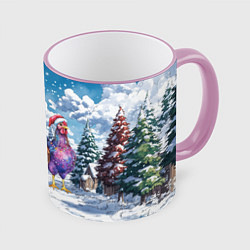 Кружка 3D Новогодние петухи, цвет: 3D-розовый кант