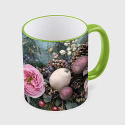 Кружка 3D Новогодние цветы и шишки, цвет: 3D-светло-зеленый кант