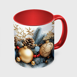 Кружка 3D Шарики новогодние и шишки, цвет: 3D-белый + красный
