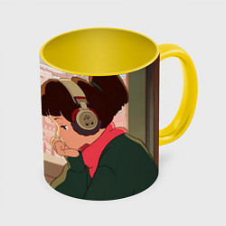 Кружка 3D Lofi music girl day, цвет: 3D-белый + желтый