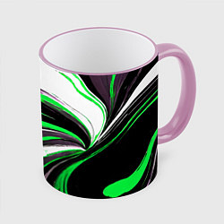 Кружка 3D Волнистые чёрно-зелёные линии на белом фоне, цвет: 3D-розовый кант