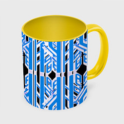 Кружка 3D Бело-синие техно полосы на чёрном фоне, цвет: 3D-белый + желтый