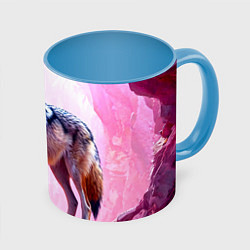 Кружка 3D Волк в розовом, цвет: 3D-белый + небесно-голубой