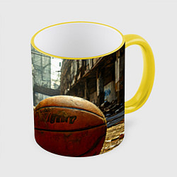 Кружка 3D Баскетбольный мяч и город постапокалипсиса, цвет: 3D-желтый кант