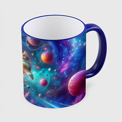 Кружка 3D Рыжий космический котёнок - неоновое свечение, цвет: 3D-синий кант