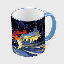 Кружка 3D Синяя БМВ за огнем, цвет: 3D-небесно-голубой кант