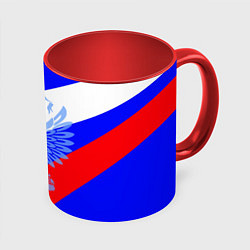 Кружка 3D Герб России на фоне триколора синий, цвет: 3D-белый + красный