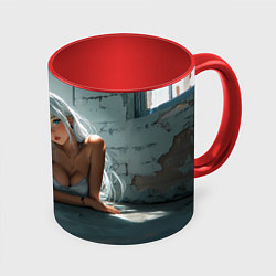 Кружка 3D Блондинка лежит у окна, цвет: 3D-белый + красный