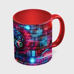 Кружка 3D Кибер чувак череп на фоне граффити - нейроарт, цвет: 3D-белый + красный