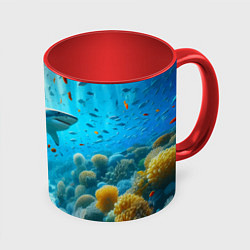 Кружка 3D Белая акула в коралловом рифе, цвет: 3D-белый + красный