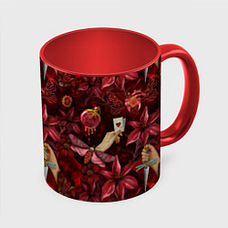 Кружка 3D Бордовая готика с сердцем, лилиями и мотыльками, цвет: 3D-белый + красный