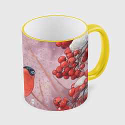 Кружка 3D Акварельный снегирь в рябине, цвет: 3D-желтый кант