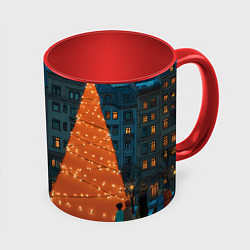 Кружка 3D Городская светящаяся елка, цвет: 3D-белый + красный