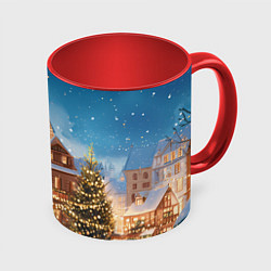 Кружка цветная Новогодний дворик и елка