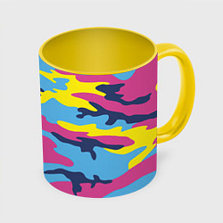 Кружка 3D Камуфляж: голубой/розовый/желтый, цвет: 3D-белый + желтый