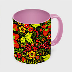 Кружка 3D Хохлома: земляника, цвет: 3D-белый + розовый