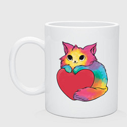 Кружка керамическая Влюбленный котик держит сердце, цвет: белый