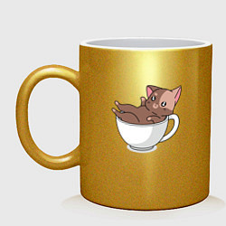 Кружка керамическая Милый Котик в чашке, цвет: золотой