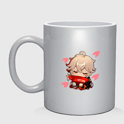 Кружка керамическая Маленький Казуха ест геншин импакт, цвет: серебряный