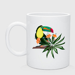 Кружка керамическая Птица тукан с цветами и листьями, цвет: белый