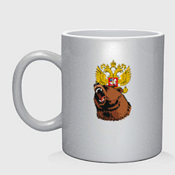 Кружка керамическая Патриотичный медведь на фоне герба, цвет: серебряный