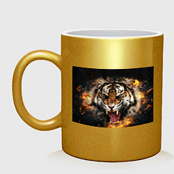 Кружка керамическая Оскал тигра, цвет: золотой