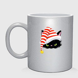 Кружка керамическая Новогодний черный кот в новогоднем колпаке, цвет: серебряный