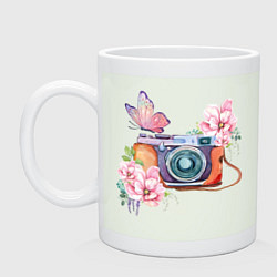 Кружка керамическая Фотоаппарат в цветах и бабочки, цвет: фосфор
