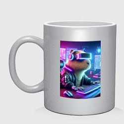 Кружка керамическая Капибара игроман - неоновое свечение, цвет: серебряный