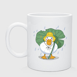 Кружка керамическая Милая уточка гусь под листом в шляпке в дождь, цвет: белый