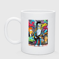Кружка керамическая Бендер с гитарой и Фрай - граффити, цвет: белый