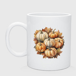 Кружка керамическая Тыквы разные на осенних листьях акварель, цвет: белый