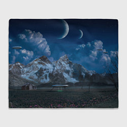 Плед флисовый Ночные горы в природе и небо с нло, цвет: 3D-велсофт