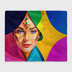 Плед флисовый Девушка лицо с ромбическим орнаментом, цвет: 3D-велсофт