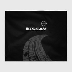 Плед флисовый Nissan speed на темном фоне со следами шин: символ, цвет: 3D-велсофт