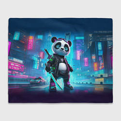 Плед флисовый Панда кибер самурай в ночном Нью-Йорке, цвет: 3D-велсофт