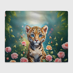 Плед флисовый Портрет леопарда с розами, цвет: 3D-велсофт