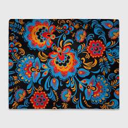 Плед флисовый Хохломская роспись разноцветные цветы на чёроном ф, цвет: 3D-велсофт