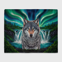 Плед флисовый Серый волк стоящий перед водопадом под северным си, цвет: 3D-велсофт